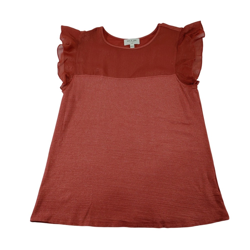Kim & Cami Womens Ruffle Sleeve Top Small Coral Rayon Shimmer Casual NWOT